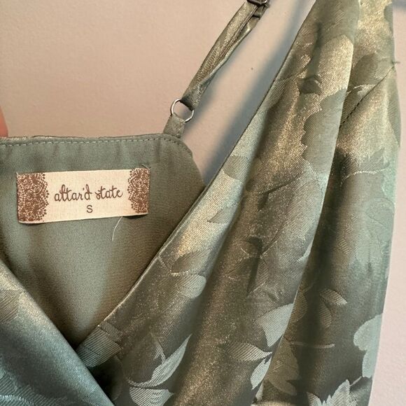 Altar'd State Sage Green Satin Floral Strappy Mini Skirt A-Line Wrap Dress - Picture 5 of 7